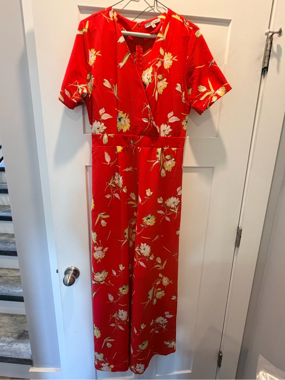 Papaya Red Floral Wide Leg Jumpsuit Medium Short Sleeve Palazzo Romper